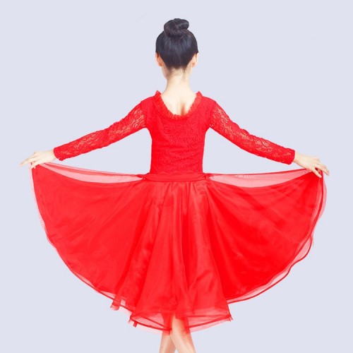 Girls ballroom dance dresses for kids children royal blue red lace long sleeves long length flamenco dresses